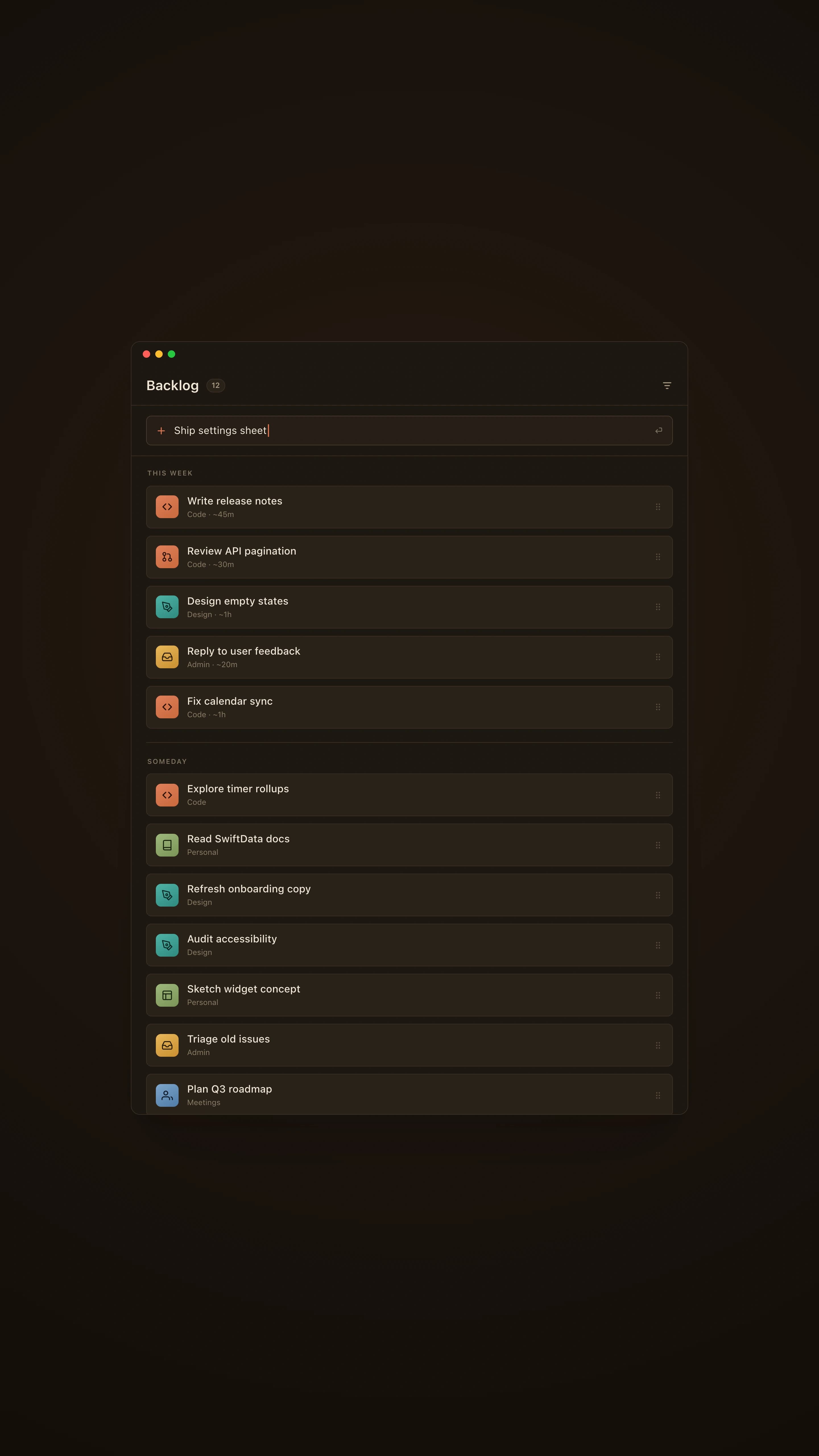Cello backlog sidebar with a quick-add field and a list of unplaced task cards grouped by section.