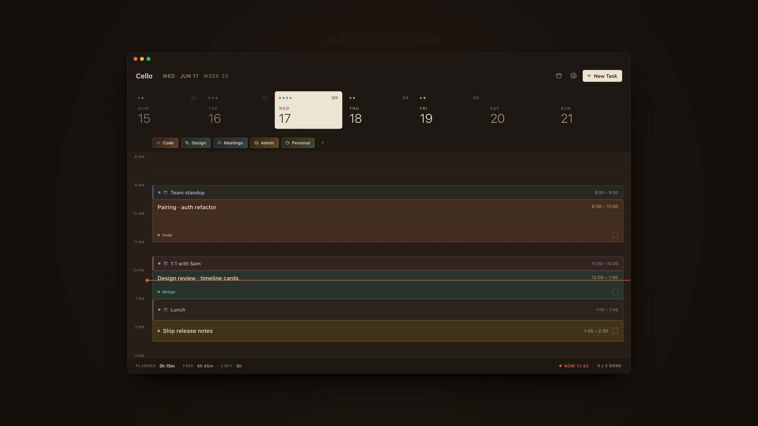Cello day timeline with calendar events like a team standup and a 1:1 shown as muted, non-task blocks, with tasks planned in the gaps around them.