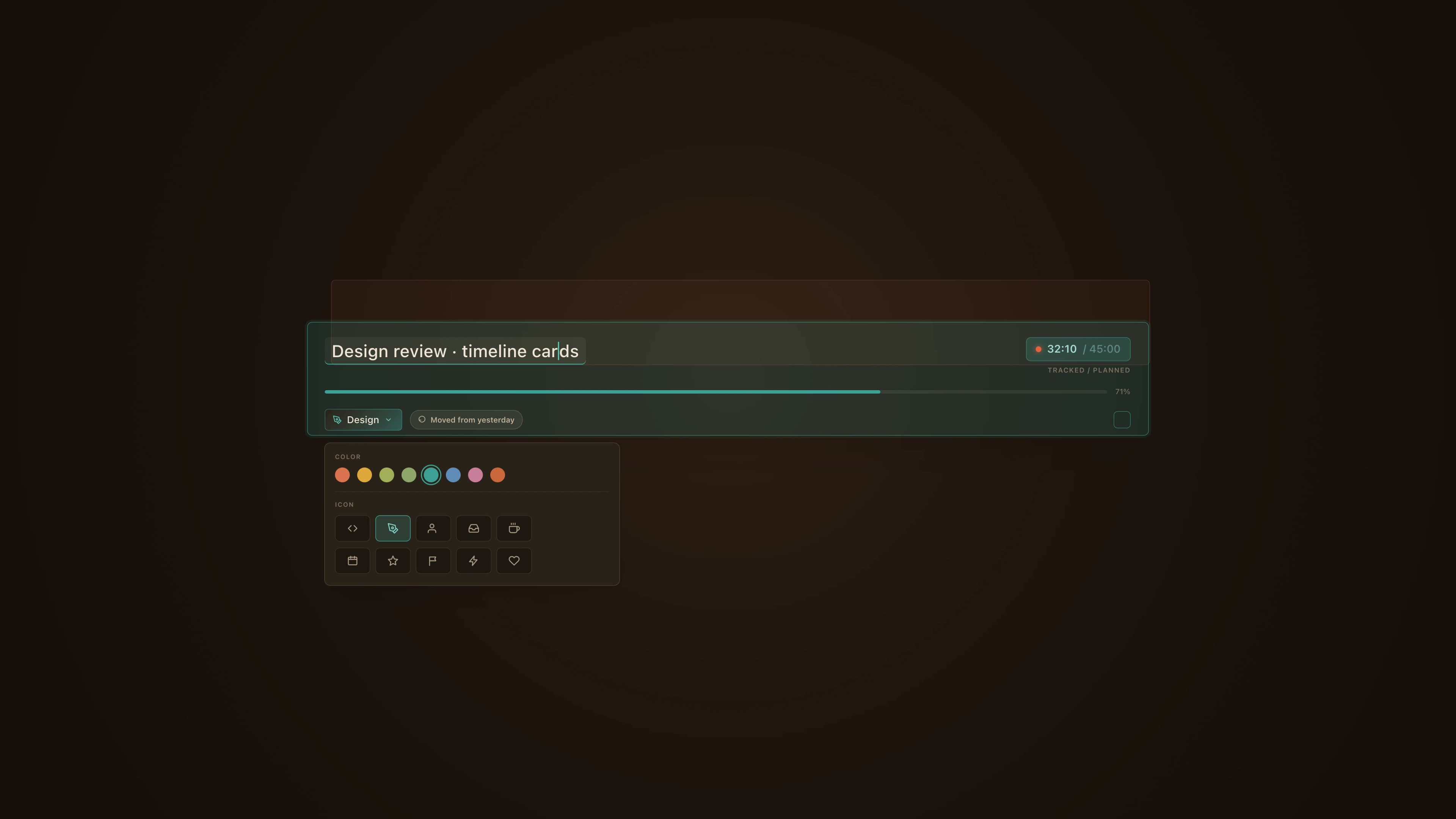 Cello task card with an inline-editable title, a color and icon tag picker, and a tracked-versus-planned timer.