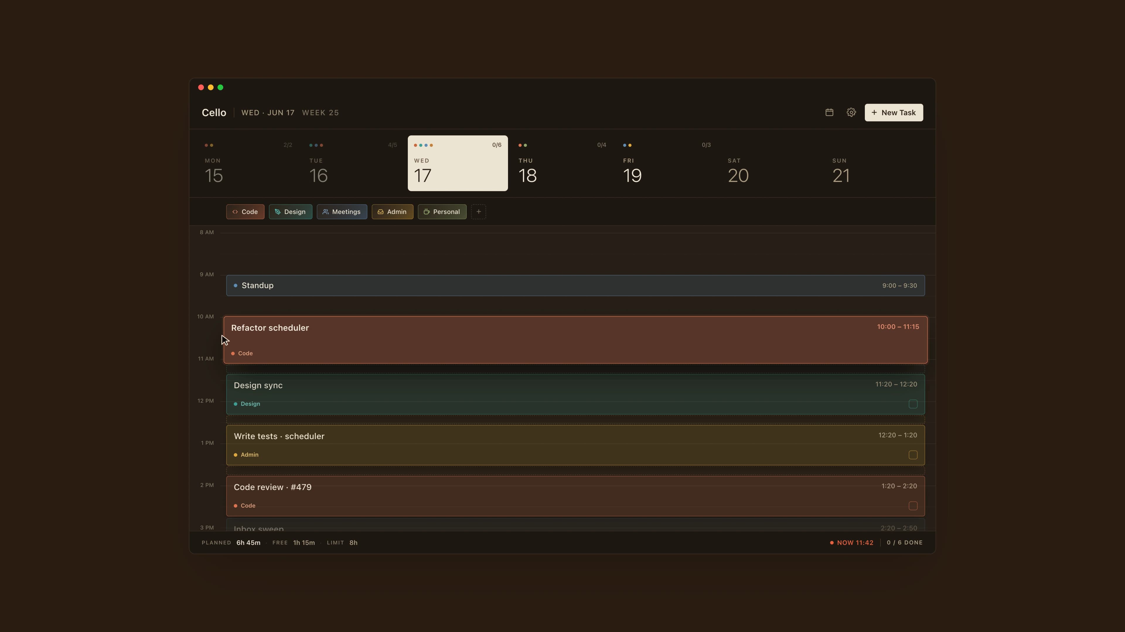 Cello timeline showing a dragged task block pushing neighboring blocks down the day.