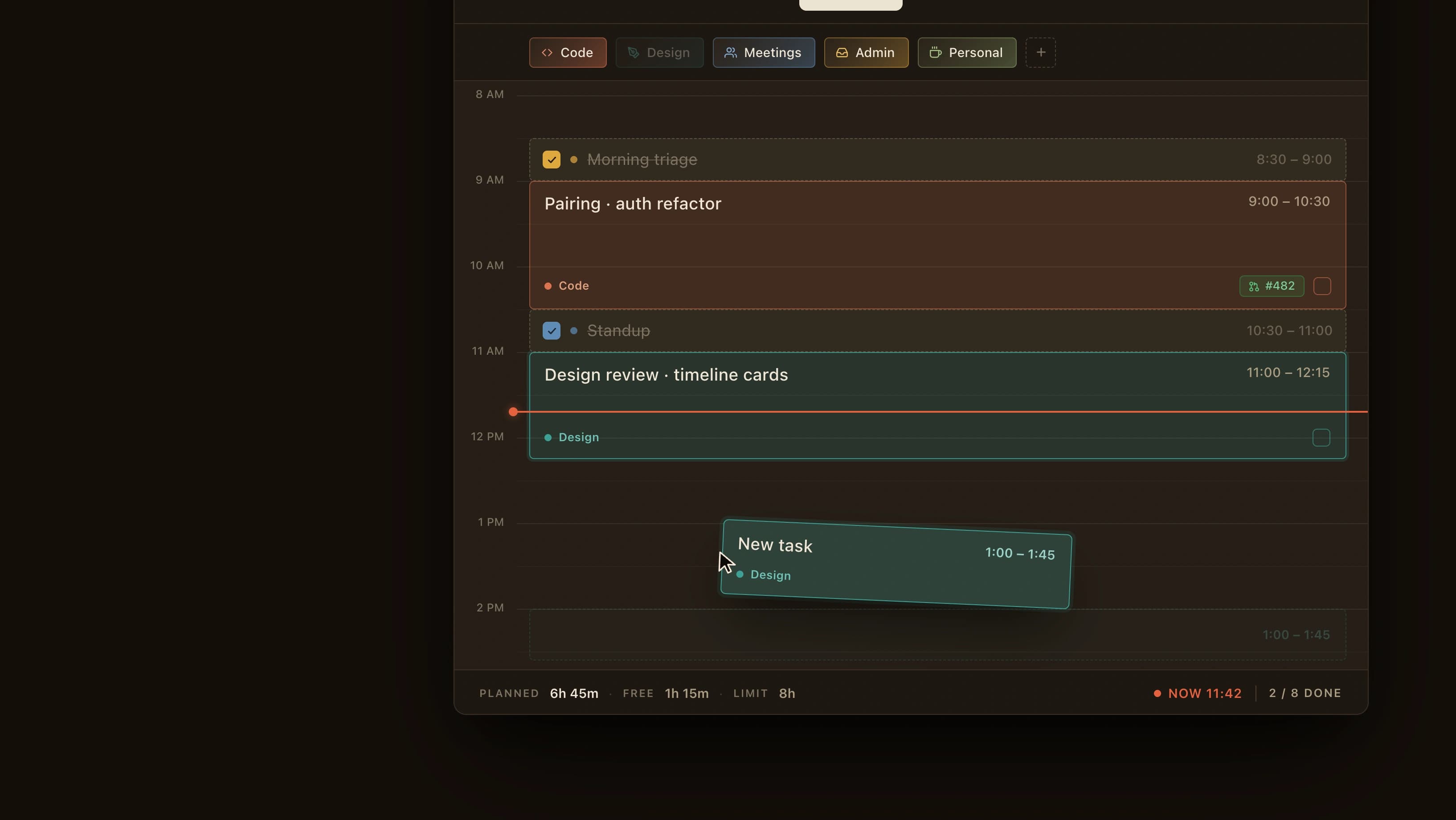 Cello timeline view showing a new task being dragged into the day schedule.