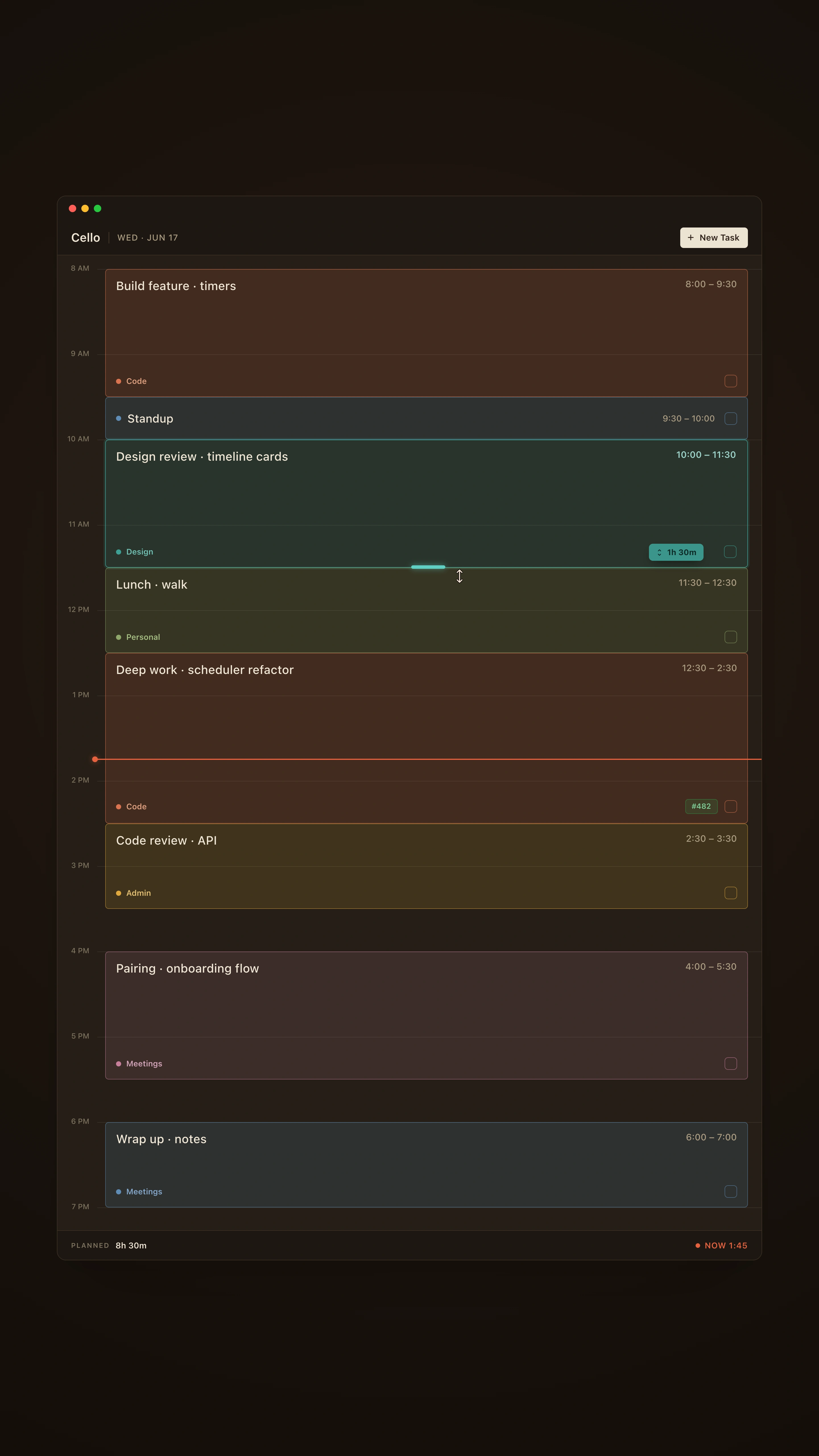 Cello's vertical day timeline with colored task blocks placed across the hours and a now indicator.