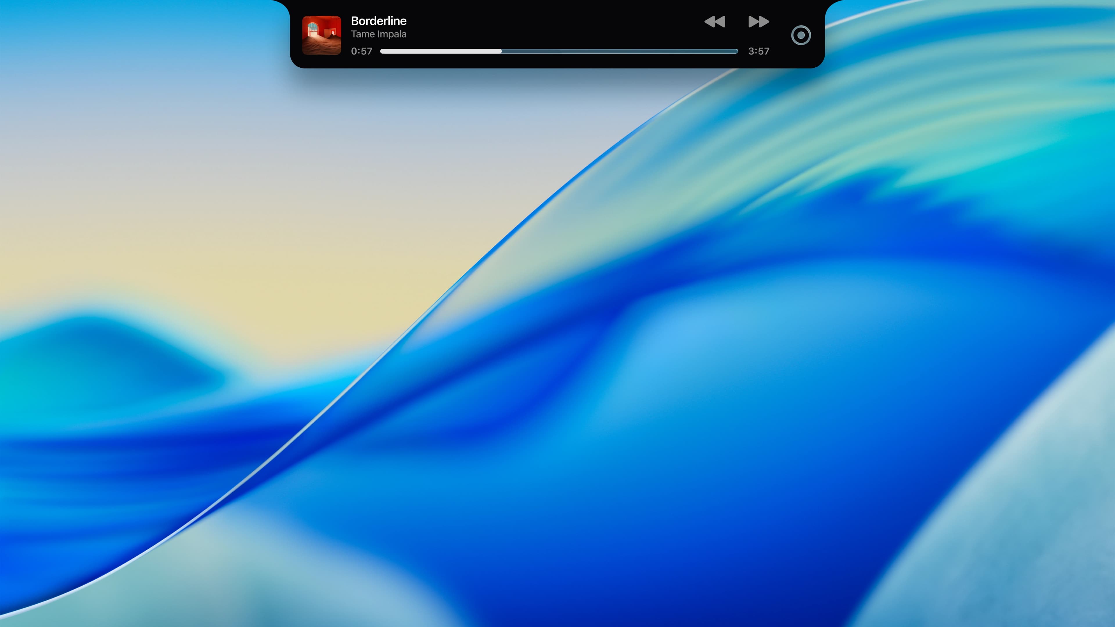 Compact Notch Capture music player floating from the Mac notch over a blue desktop.