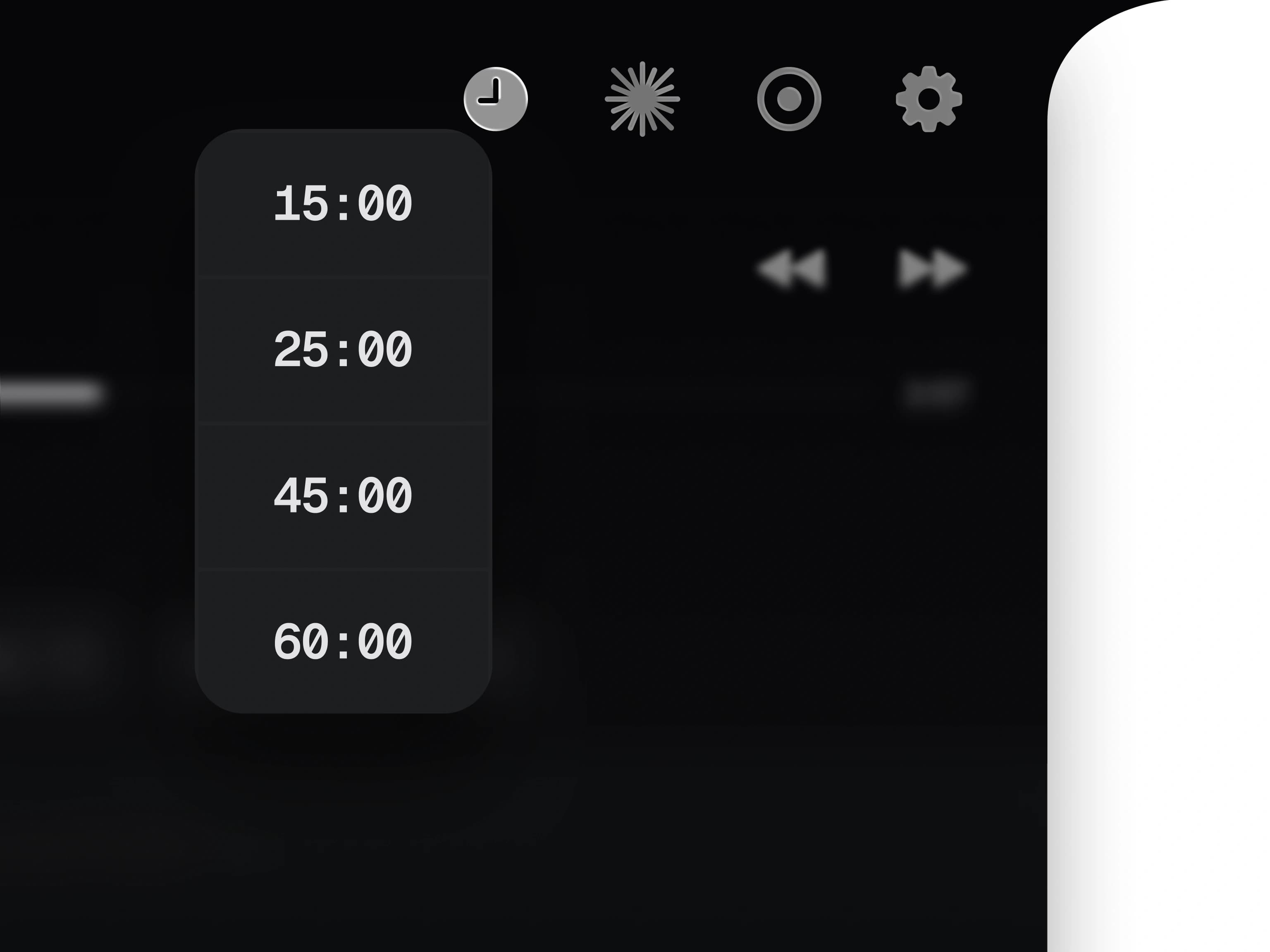 Notch Capture timer menu with 15, 25, 45, and 60-minute focus presets.