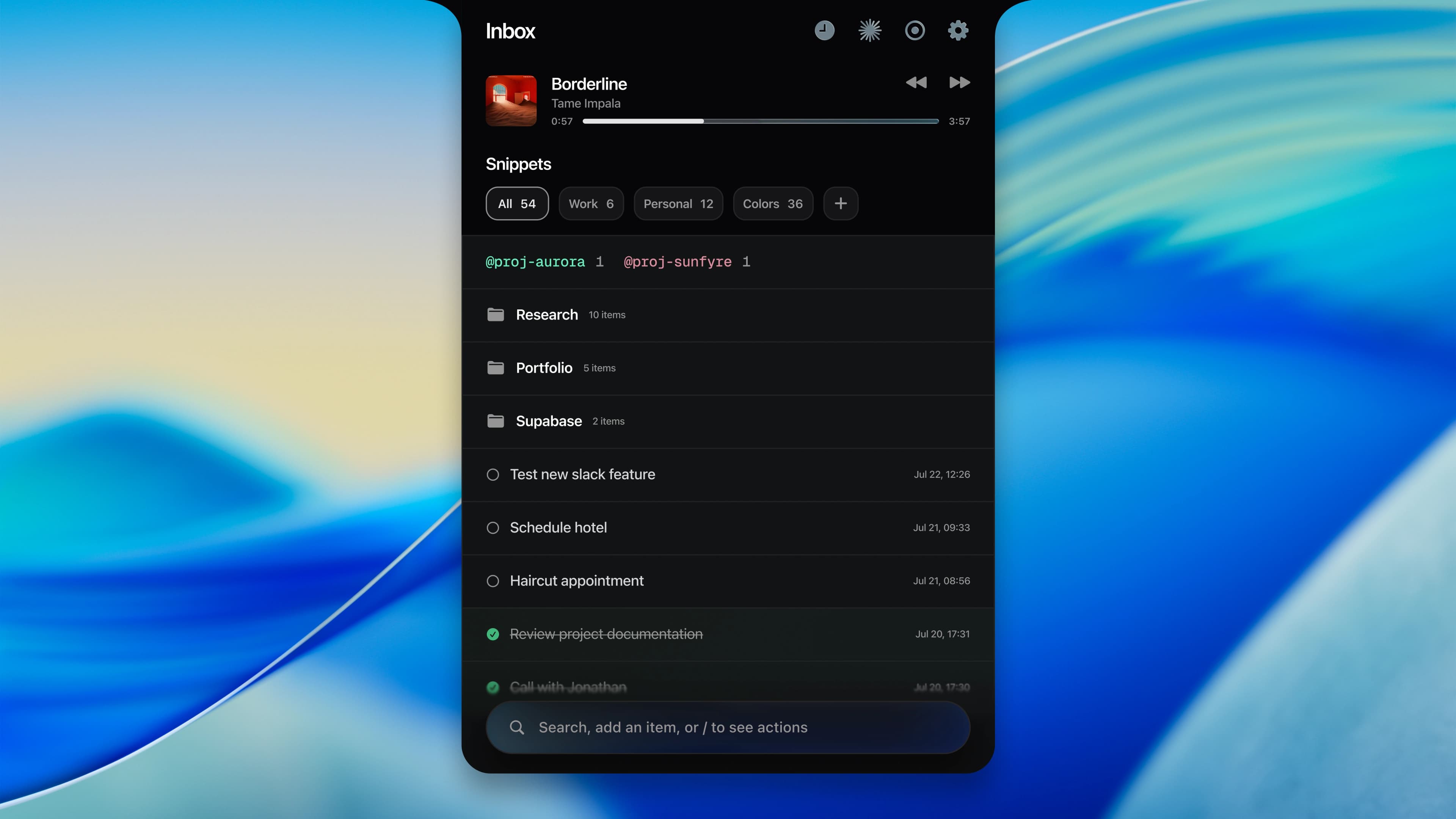 Notch Capture expanded beneath the Mac notch with music, snippets, folders, tasks, and the composer visible.
