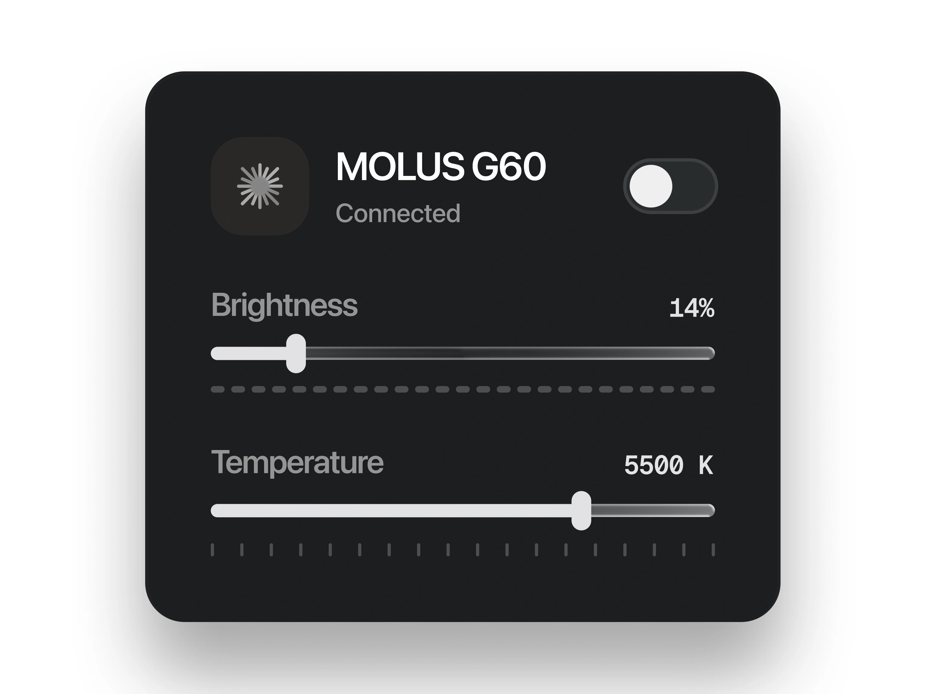 Notch Capture controls for a connected MOLUS G60 light with power, brightness, and color-temperature settings.