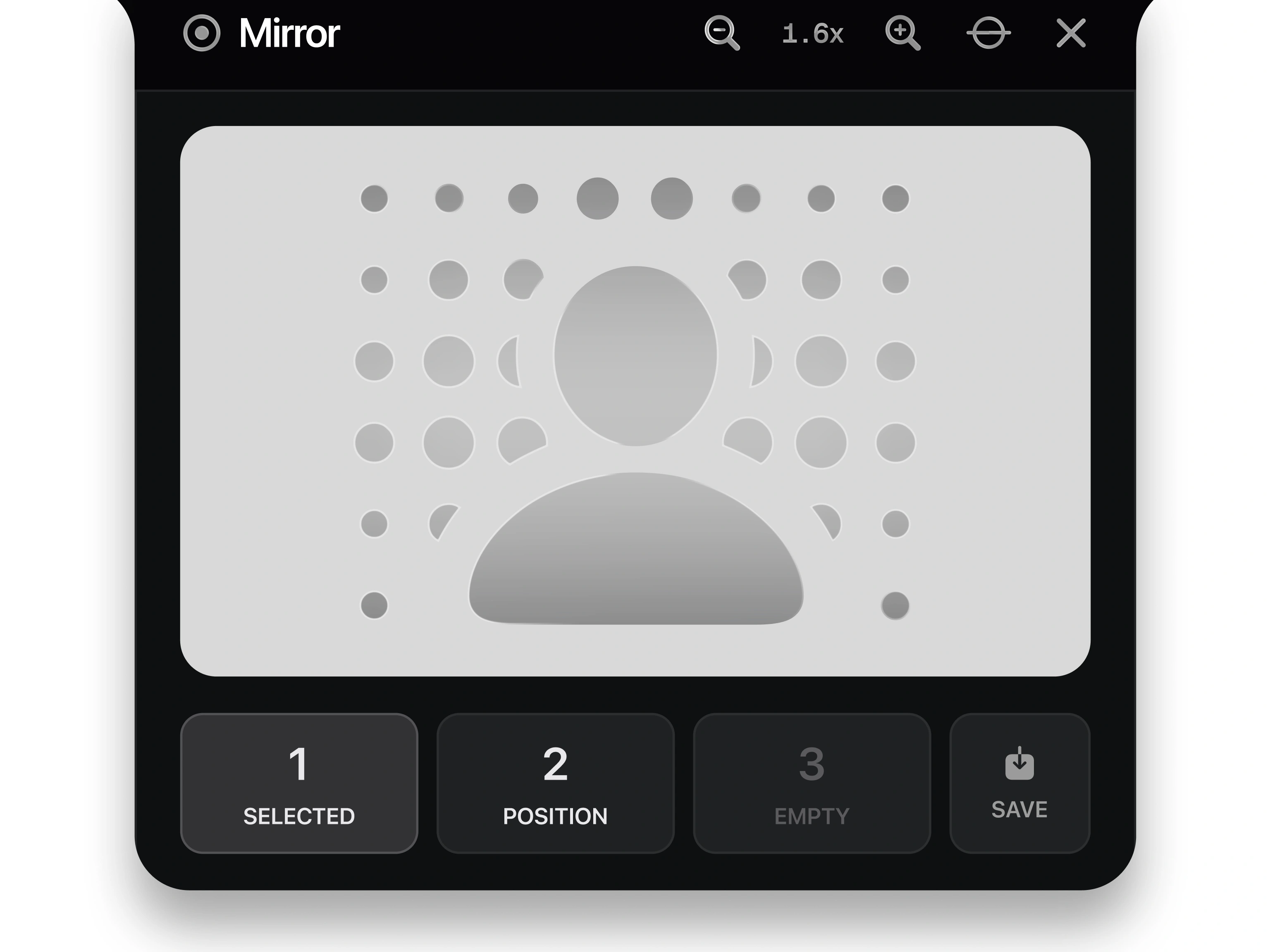 Notch Capture mirror showing a webcam preview with zoom, recenter, framing preset, and save controls.