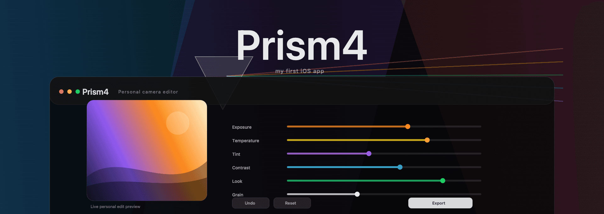 Prism4 branded cover image with a dark iPhone photo editor interface and spectral color controls.